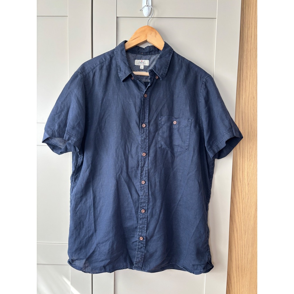 Next Mens XL 100% Linen Short Sleeve Button Down Shirt Navy Blue Casual